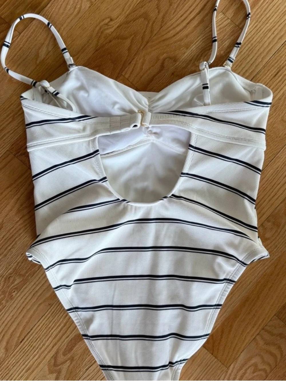 White and Navy Striped One-Piece Swimsuit Coastal